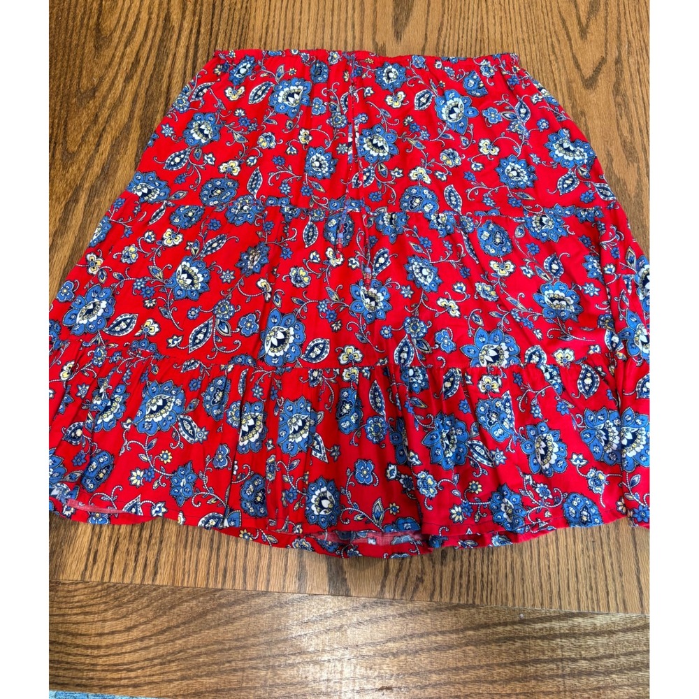 White Stage Fearless Red Floral Paisley Tiered Mini Skirt L 12/14 Rayon Boho
